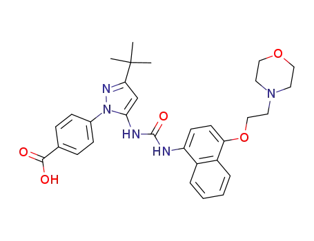 Molecular Structure of 489432-47-5 (Benzoic acid,
4-[3-(1,1-dimethylethyl)-5-[[[[4-[2-(4-morpholinyl)ethoxy]-1-naphthalenyl]
amino]carbonyl]amino]-1H-pyrazol-1-yl]-)