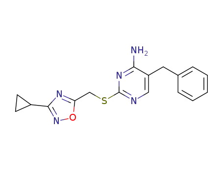 Molecular Structure of 476302-34-8 (5-benzyl-2-(3-cyclopropyl-[1,2,4]oxadiazol-5-ylmethylsulfanyl)-pyrimidin-4-ylamine)