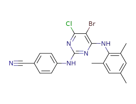 Molecular Structure of 269055-38-1 (4-[[5-bromo-4-chloro-6-[(2,4,6-trimethylphenyl)amino]-2-pyrimidinyl]amino]-benzonitrile)