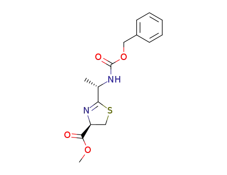 Molecular Structure of 58202-80-5 (2-<(S)-1-benzyloxycarbonylaminoethyl>-4-carbomethoxy-(R)-Δ2-thiazoline)