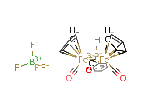 Molecular Structure of 869881-53-8 ([Fe2(η5-C5H5)2(μ-CO)(CO)2(μ-PPhH)]BF4)