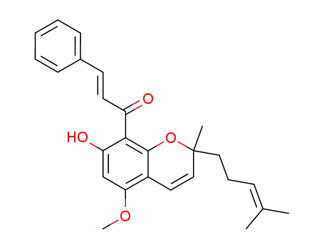 Molecular Structure of 81943-62-6 (2-Propen-1-one,1-[7-hydroxy-5-methoxy-2-methyl-2-(4-methyl-3-penten-1-yl)-2H-1-benzopyran-8-yl]-3-phenyl-,(2E)-)