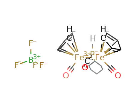 Molecular Structure of 869803-01-0 ([Fe2(η5-C5H5)2(μ-CO)(CO)2(μ-PCyH)]BF4)