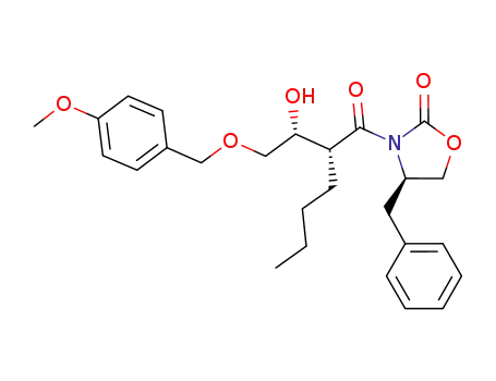 Molecular Structure of 1058161-91-3 ((R)-4-benzyl-3-((R)-2-((R)-1-hydroxy-2-(4-methoxybenzyloxy)ethyl)hexanoyl)oxazolidin-2-one)