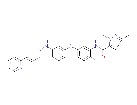 Molecular Structure of 319460-94-1 (N-[2-Fluoro-5-[[3-[(1E)-2-(2-pyridinyl)ethenyl]-1H-indazol-6-yl]amino]phenyl]-1,3-dimethyl-1H-pyrazole-5-carboxamide)