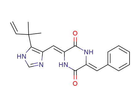 Molecular Structure of 351325-37-6 (3Z-benzylidene-6Z-[[5-(1,1-dimethyl-2-propenyl)-1H-imidazol-4-yl]methylene]-2,5-piperazinedione)