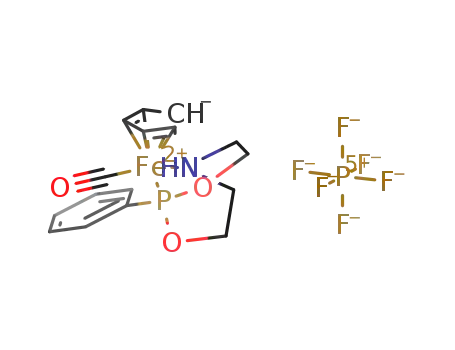 Molecular Structure of 77681-64-2 (Fe(CO)(C<sub>5</sub>H<sub>5</sub>)NH(CH<sub>2</sub>CH<sub>2</sub>O)2PC<sub>6</sub>H<sub>5</sub><sup>(1+)</sup>*PF<sub>6</sub><sup>(1-)</sup>)