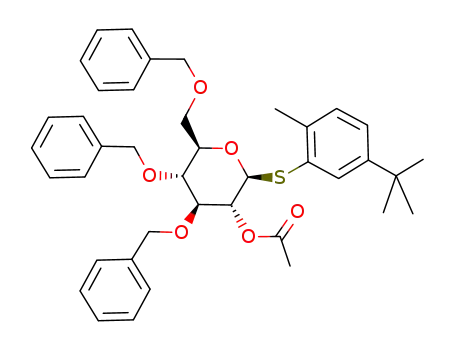 Molecular Structure of 1011529-36-4 ((2-methyl-5-tert-butylphenyl) 2-O-acetyl-3,4,6-tri-O-benzyl-1-thio-β-D-glucopyranoside)