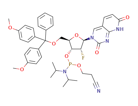 Molecular Structure of 1244969-83-2 (3-[5-0-(4,4'-dimethoxytrityl)-(2-fluoro-2-deoxy-β-D-erythro-pentofuranosyl)]pyrido[2,3-d]pyrimidine-2,7(8H)-dione 3'-O-(2-cyanoethyl)-N,N-diisopropylphosphoramidite)