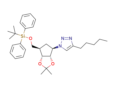 Molecular Structure of 1161113-44-5 ((1R,2S,3R,4R)-4-[(tert-butyldiphenylsilyloxy)methyl]-2,3-isopropylidenedioxy-1-[4-pentyl-1H-1,2,3-triazol-1-yl]cyclopentane)