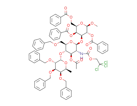 Molecular Structure of 1141935-35-4 (methyl 3-O-[3-O-acetyl-6-O-benzyl-4-O-(2,3,4-tri-O-benzyl-α-L-fucopyranosyl)-2-deoxy-2-(2,2,2-trichlorethoxycarbonylamino)-β-D-glucopyranosyl]-2,4,6-tri-O-benzoyl-β-D-galactopyranoside)