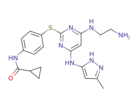 Molecular Structure of 1170188-57-4 (N-(4-(4-(2-aminoethylamino)-6-(3-methyl-1H-pyrazol-5-ylamino)pyrimidin-2-ylthio)phenyl)cyclopropanecarboxamide)