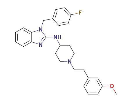 Molecular Structure of 75971-19-6 (1H-Benzimidazol-2-amine,
1-[(4-fluorophenyl)methyl]-N-[1-[2-(3-methoxyphenyl)ethyl]-4-piperidinyl]-)