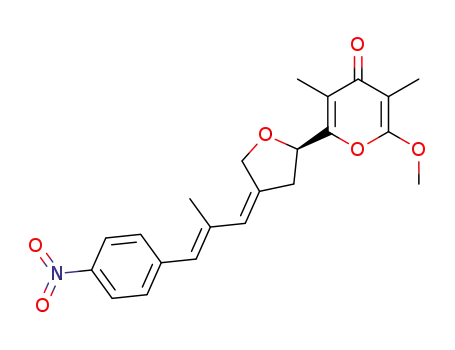Molecular Structure of 1400-44-8 (2-methoxy-3,5-dimethyl-6-{(2R,5Z)-5-[(2E)-2-methyl-3-(4-nitrophenyl)prop-2-en-1-ylidene]tetrahydrofuran-2-yl}-4H-pyran-4-one)