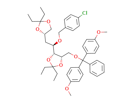 Molecular Structure of 1147395-13-8 (4-O-(4-chlorobenzyl)-5-deoxy-2,3:6,7-di-O-diethylidene-1-O-(4,4'-dimethoxytriphenylmethyl)-D-allo-heptan-1-itol)
