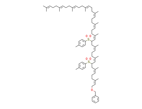 Molecular Structure of 1186313-59-6 (1-((2Z,6Z,10Z,14Z,18Z,22Z,26Z,30E,34E,38E)-1-benzyloxy-17-tosyl-3,7,11,15,19,23,27,31,35,39,43-undecamethyltetratetraconta-2,6,10,14,18,22,26,30,34,38,42-undecaen-9-yl)sulfonyl-4-methylbenzene)