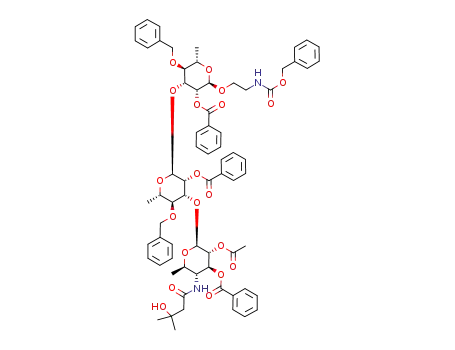Molecular Structure of 1206451-89-9 (N-benzyloxycarbonylaminoethyl 4-(3-hydroxy-3-methylbutamido)-2-O-acetyl-3-O-benzoyl-4,6-dideoxy-β-D-glucopyranosyl-(1->3)-2-O-benzoyl-4-O-benzyl-α-D-rhamnopyranosyl-(1->3)-2-O-benzoyl-4-O-benzyl-α-D-rhamnopyranoside)