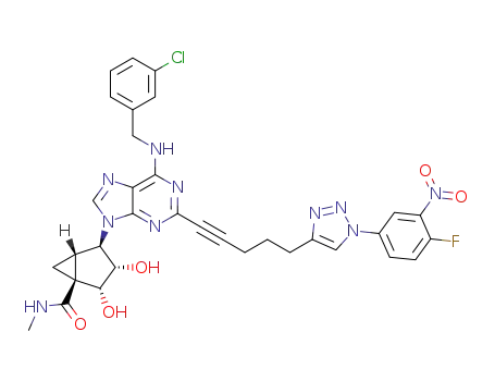 Molecular Structure of 1217299-57-4 ((1S,2R,3S,4R,5S)-4-(6-(3-chlorobenzylamino)-2-(5-(1-(4-fluoro-3-nitrophenyl)-1H-1,2,3-triazol-4-yl)pent-1-ynyl)-9H-purin-9-yl)-2,3-dihydroxybicyclo[3.1.0]hexane-1-carboxylic acid N-methylamide)
