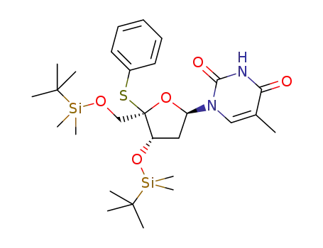 Molecular Structure of 1182869-54-0 (1-[4-benzenesulfenyl-3,5-bis-O-(tert-butyldimethylsilyl)-2-deoxy-α-L-threo-pentofuranosyl]thymine)