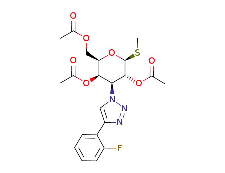 Molecular Structure of 1242965-11-2 (methyl 2,4,6-tri-O-acetyl-3-deoxy-3-(4-(2-fluorophenyl)-1H-[1,2,3]-triazol-1-yl)-1-thio-β-D-galactopyranoside)