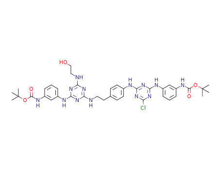 Molecular Structure of 1192801-08-3 (2-[4-([3-tert-butoxycarobnylaminophenyl]amino)-6-[2-[4-[4-([3-tert-butoxycarbonylaminophenyl]amino)-6-chloro[1,3,5]triazine-2-ylamino]phenyl]ethylamino][1,3,5]triazine-2-ylamino]ethanol)