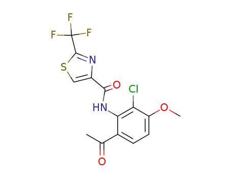 Molecular Structure of 1180496-15-4 (N-(6-acetyl-2-chloro-3-methoxyphenyl)-2-(trifluoromethyl)thiazole-4-carboxamide)