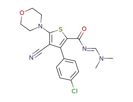 (E)-3-(4-chlorophenyl)-4-cyano-N-((dimethylamino)methylene)-5-(morpholin-4-yl)thiophene-2-carboxamide