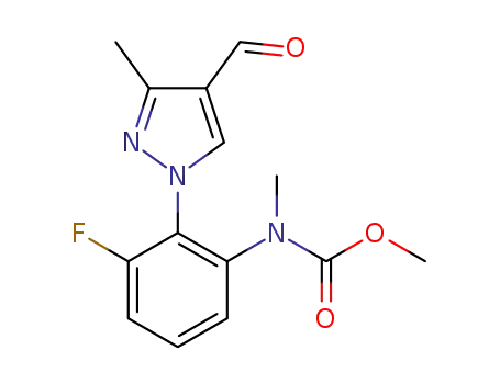 Molecular Structure of 1307314-35-7 (methyl N-[3-fluoro-2-(4-formyl-3-methyl-pyrazol-1-yl)phenyl]-N-methyl-carbamate)