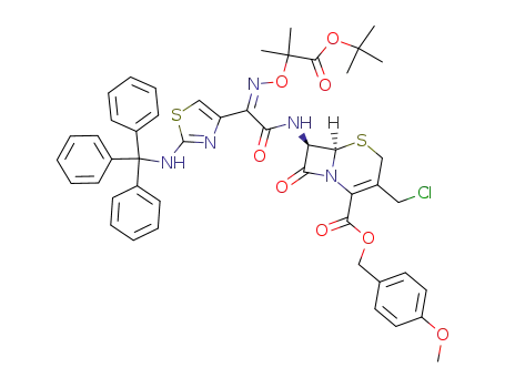 Molecular Structure of 110160-87-7 (4-methoxybenzyl (6R,7R)-7-((Z)-2-(((1-(tert-butoxy)-2-methyl-1-oxopropan-2-yl)oxy)imino)-2-(2-(tritylamino)-thiazol-4-yl)acetamido)-3-(chloromethyl)-8-oxo-5-thia-1-azabicyclo[4.2.0]oct-2-ene-2-carboxylate)