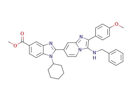 Molecular Structure of 1430101-73-7 (methyl 2-(3-(benzylamino)-2-(4-methoxyphenyl)imidazo[1,2-a]pyridin-7-yl)-1-cyclohexyl-1H-benzo[d]imidazole-5-carboxylate)