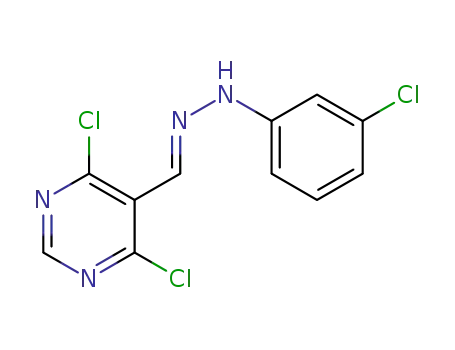 Molecular Structure of 1429924-48-0 (4,6-dichloro-5-((2-(3-chlorophenyl)hydrazono)methyl)pyrimidine)