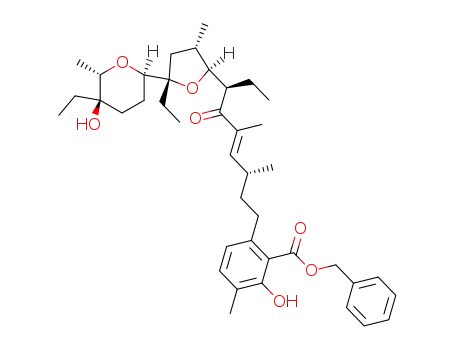 Molecular Structure of 107449-44-5 (6-{(E)-(3R,7R)-7-[(2S,3S,5S)-5-Ethyl-5-((2R,5R,6S)-5-ethyl-5-hydroxy-6-methyl-tetrahydro-pyran-2-yl)-3-methyl-tetrahydro-furan-2-yl]-3,5-dimethyl-6-oxo-non-4-enyl}-2-hydroxy-3-methyl-benzoic acid benzyl ester)