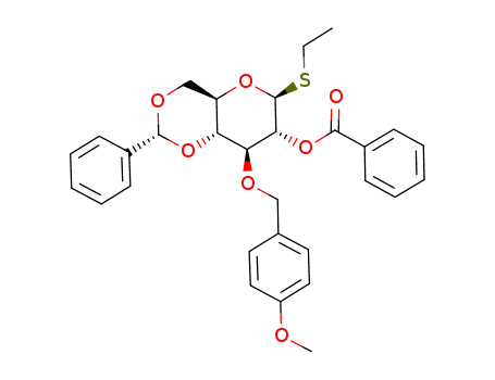 Molecular Structure of 151725-49-4 (b-D-Glucopyranoside, ethyl 3-O-[(4-Methoxyphenyl)Methyl]-4,6-O-[(R)-phenylMethylene]-1-thio-, benzoate)