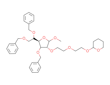 Molecular Structure of 125365-35-7 (Methyl 3,5,6-tri-O-benzyl-2-O-(2-tetrahydropyranyloxyethoxy)ethyl-β-<*>-glucofuranose)