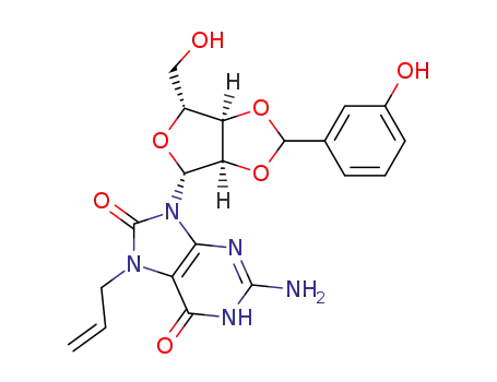 Molecular Structure of 1432972-73-0 (7-allyl-2-amino-9-((3aR,4R,6R,6aR)-6-(hydroxymethyl)-2-(3-hydroxyphenyl)-tetrahydrofuro[3,4-d][1,3]dioxol-4-yl)-1H-purine-6,8(7H,9H)-dione)