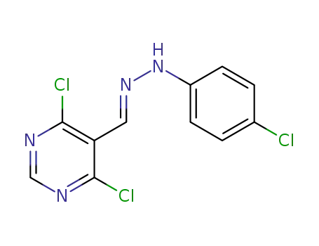 Molecular Structure of 1429924-38-8 (4,6-dichloro-5-((2-(4-chlorophenyl)hydrazono)methyl)pyrimidine)