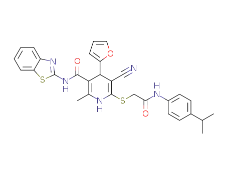 Molecular Structure of 896094-42-1 (N-1,3-benzothiazol-2-yl-5-cyano-4-(2-furyl)-6-({2-[(4-isopropylphenyl)-amino]-2-oxoethyl}thio)-2-methyl-1,4-dihydropyridine-3-carboxamide)