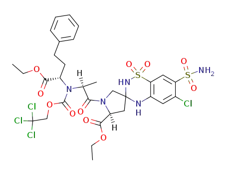 Molecular Structure of 103632-12-8 (1'-<N'-<(1S)-1-(ethoxycarbonyl)-3-phenylpropyl>-N'-<(2,2,2-trichloroethoxy)carbonyl>-L-alanyl>-5'-(ethoxycarbonyl)-7-(aminosulfonyl)-6-chlorospiro-<2H-1,2,4-benzothiadiazine-3(4H),3'-pyrrolidine> S,S-dioxide)