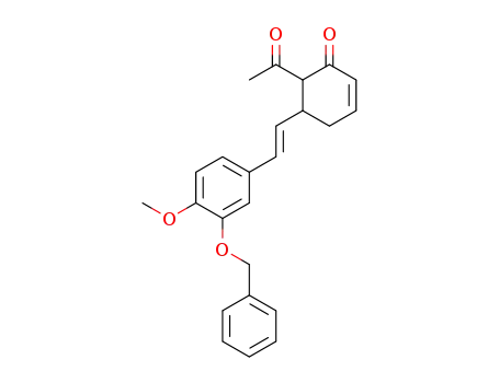 Molecular Structure of 62096-12-2 (2-Cyclohexen-1-one,
6-acetyl-5-[2-[4-methoxy-3-(phenylmethoxy)phenyl]ethenyl]-)