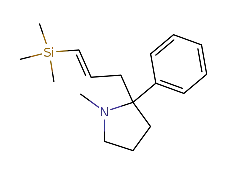 Molecular Structure of 87901-34-6 (Pyrrolidine, 1-methyl-2-phenyl-2-[3-(trimethylsilyl)-2-propenyl]-, (E)-)