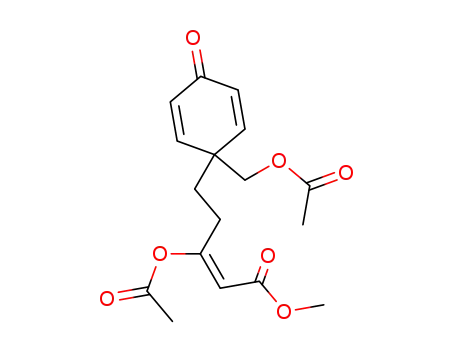 Molecular Structure of 143406-50-2 (2-Pentenoic acid,
3-(acetyloxy)-5-[1-[(acetyloxy)methyl]-4-oxo-2,5-cyclohexadien-1-yl]-,
methyl ester, (E)-)