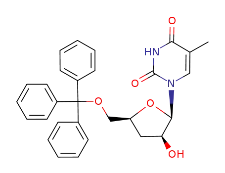 Molecular Structure of 122857-57-2 (1-(3-deoxy-5-O-trityl-beta-D-threo-pentofuranosyl)-5-methylpyrimidine-2,4(1H,3H)-dione)
