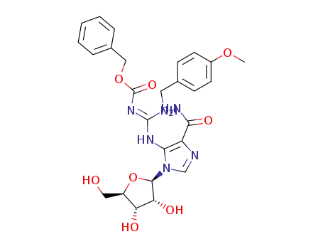 Molecular Structure of 100313-40-4 (5-<3-(benzyloxycarbonyl)-3'-(4'-methoxybenzyl)-1-guanidino>-1-(β-D-ribofuranosyl)imidazole-4-carboxamide)