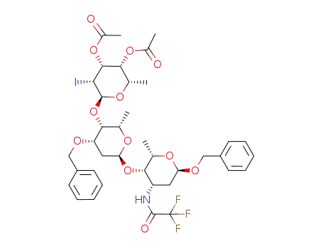 Molecular Structure of 103559-53-1 (Acetic acid (2S,3R,4R,5R,6S)-3-acetoxy-6-{(2S,3R,4S,6S)-4-benzyloxy-6-[(2S,3S,4S,6R)-6-benzyloxy-2-methyl-4-(2,2,2-trifluoro-acetylamino)-tetrahydro-pyran-3-yloxy]-2-methyl-tetrahydro-pyran-3-yloxy}-5-iodo-2-methyl-tetrahydro-pyran-4-yl ester)