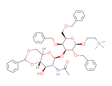 Molecular Structure of 143571-61-3 (N-{(4aR,6S,7R,8R,8aS)-6-[(2R,3S,4S,5R,6R)-3,5-Bis-benzyloxy-2-benzyloxymethyl-6-(2-trimethylsilanyl-ethoxy)-tetrahydro-pyran-4-yloxy]-8-hydroxy-2-phenyl-hexahydro-pyrano[3,2-d][1,3]dioxin-7-yl}-acetamide)