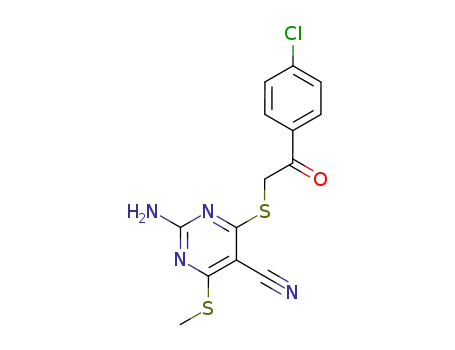 Molecular Structure of 114460-81-0 (5-Pyrimidinecarbonitrile,
2-amino-4-[[2-(4-chlorophenyl)-2-oxoethyl]thio]-6-(methylthio)-)