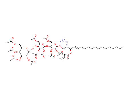 Molecular Structure of 137915-45-8 ((2S,3R,4E) 2-azido-3-(benzoyloxy)-1-O-<(2,3,4,6-tetra-O-acetyl-α-D-galactopyranosyl)-(1->4)-(2,3,6-tri-O-acetyl-β-D-galactopyranosyl)-(1->4)-2,3,6-tri-O-acetyl-β-D-glucopyranosyloxy>-4-octadecene)