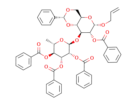 Molecular Structure of 161423-95-6 (allyl 2-O-benzoyl-3-O-(2,3,4-tri-O-benzoyl-α-L-rhamnopyranosyl)-4,6-O-benzylidene-α-D-glucopyranoside)