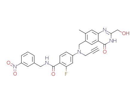 Molecular Structure of 173952-25-5 (2-Fluoro-4-[(2-hydroxymethyl-7-methyl-4-oxo-3,4-dihydro-quinazolin-6-ylmethyl)-prop-2-ynyl-amino]-N-(3-nitro-benzyl)-benzamide)