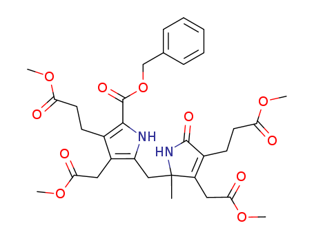 Molecular Structure of 114091-93-9 (1H-Pyrrole-3-propanoic acid,
2,5-dihydro-4-(2-methoxy-2-oxoethyl)-5-[[3-(2-methoxy-2-oxoethyl)-4-(3-
methoxy-3-oxopropyl)-5-[(phenylmethoxy)carbonyl]-1H-pyrrol-2-yl]methyl
]-5-methyl-2-oxo-, methyl ester)